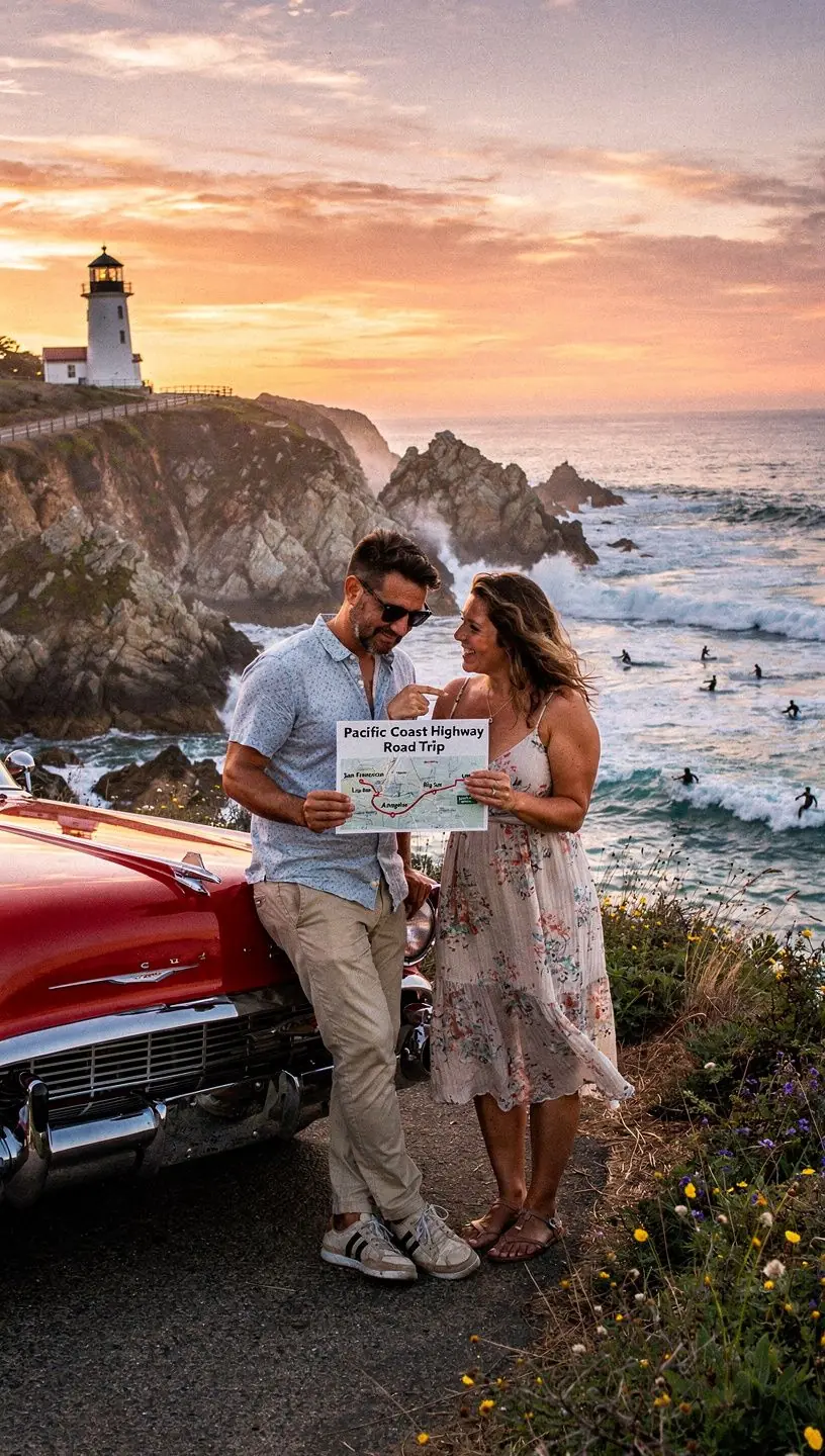 Семья, исследующая историческую достопримечательность на фоне красивого пейзажа.